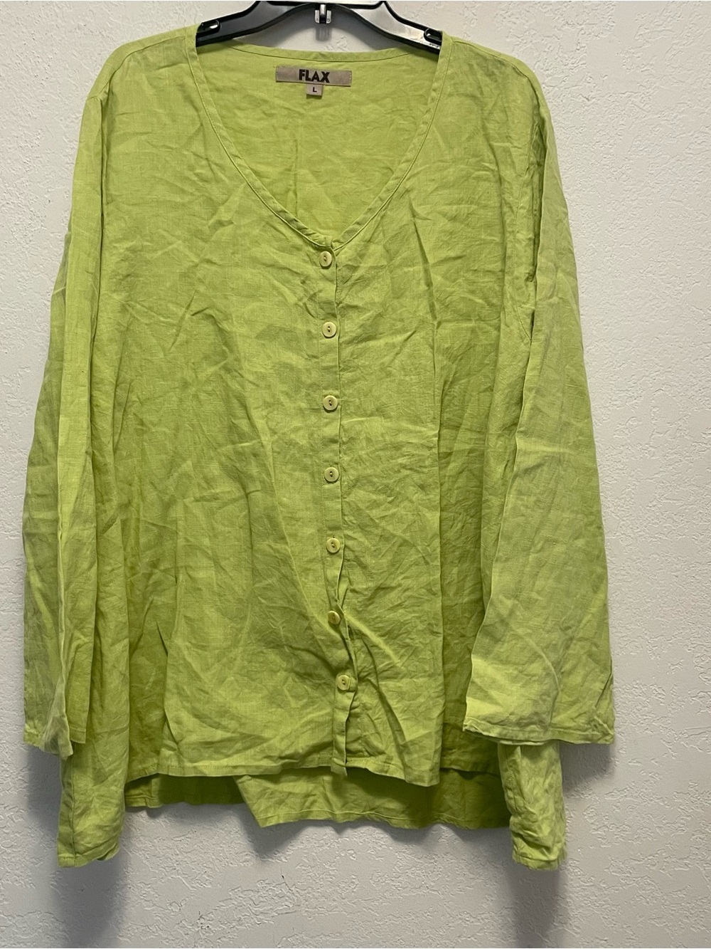 Flax Womens 100% Linen Button Front Shirt Green Size L Lagenlook Artsy Boho